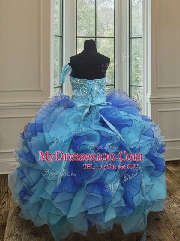 New Arrival Blue Lace Up Strapless Beading and Ruffles Girls Pageant Dresses Organza Sleeveless
