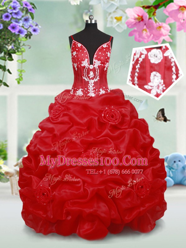 Red Ball Gowns Beading and Pick Ups and Hand Made Flower Flower Girl Dresses Lace Up Organza Sleeveless Floor Length