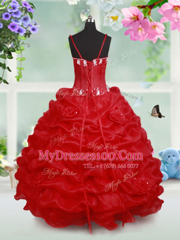 Red Ball Gowns Beading and Pick Ups and Hand Made Flower Flower Girl Dresses Lace Up Organza Sleeveless Floor Length