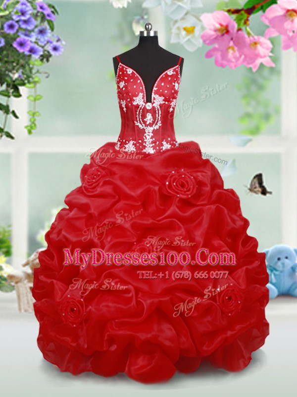 Red Ball Gowns Beading and Pick Ups and Hand Made Flower Flower Girl Dresses Lace Up Organza Sleeveless Floor Length