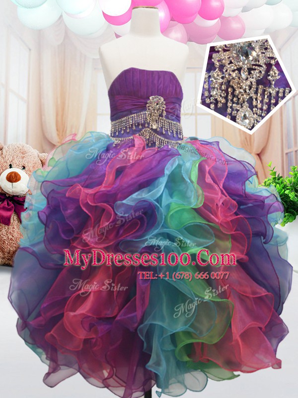 Clearance Multi-color Organza Zipper Strapless Sleeveless Floor Length Child Pageant Dress Beading and Ruffles
