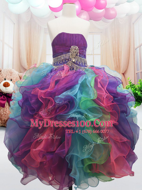 Clearance Multi-color Organza Zipper Strapless Sleeveless Floor Length Child Pageant Dress Beading and Ruffles