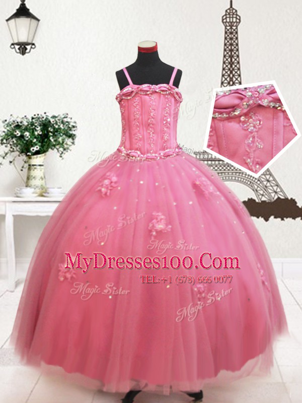 Custom Design Straps Tulle Sleeveless Floor Length Child Pageant Dress and Beading and Appliques