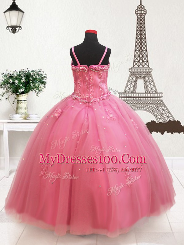 Custom Design Straps Tulle Sleeveless Floor Length Child Pageant Dress and Beading and Appliques