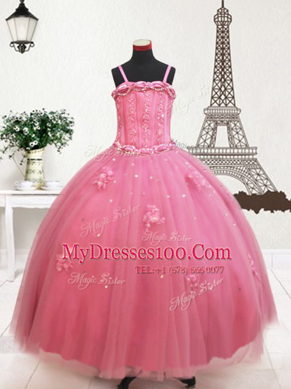 Custom Design Straps Tulle Sleeveless Floor Length Child Pageant Dress and Beading and Appliques