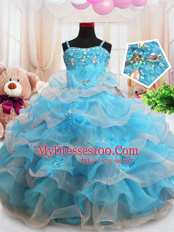 Charming Baby Blue Organza Zipper Straps Sleeveless Floor Length Kids Formal Wear Beading and Appliques and Ruffled Layers