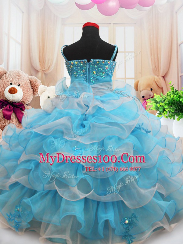 Charming Baby Blue Organza Zipper Straps Sleeveless Floor Length Kids Formal Wear Beading and Appliques and Ruffled Layers