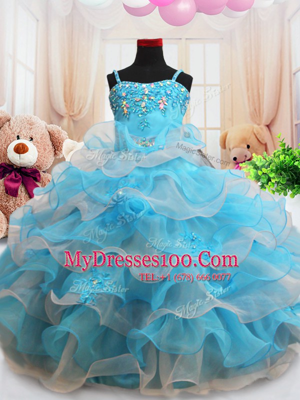 Charming Baby Blue Organza Zipper Straps Sleeveless Floor Length Kids Formal Wear Beading and Appliques and Ruffled Layers