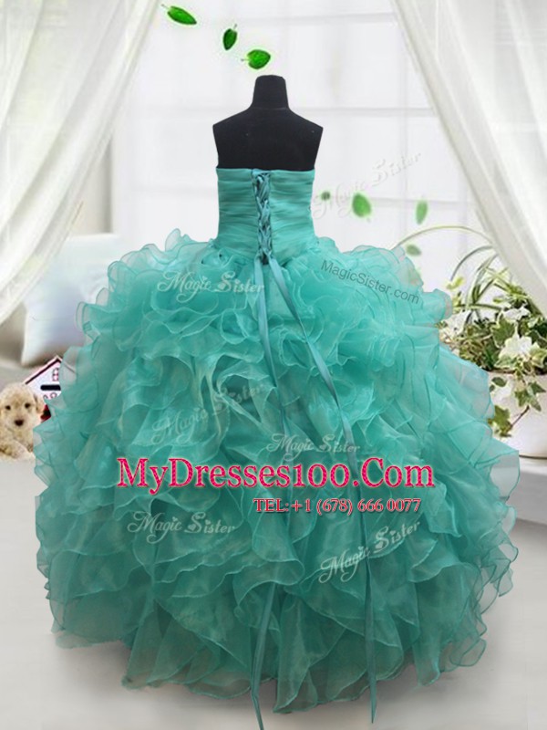 Sleeveless Lace Up Floor Length Beading and Ruffles Toddler Flower Girl Dress