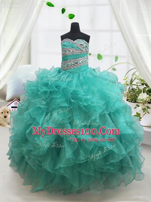 Sleeveless Lace Up Floor Length Beading and Ruffles Toddler Flower Girl Dress