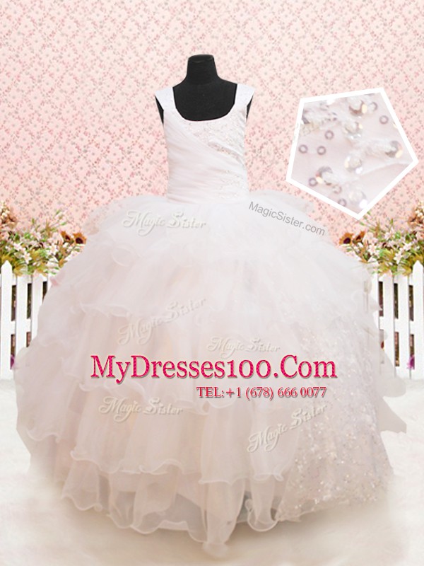 Scoop White Lace Up Little Girls Pageant Gowns Beading and Ruffled Layers and Sequins Sleeveless Floor Length