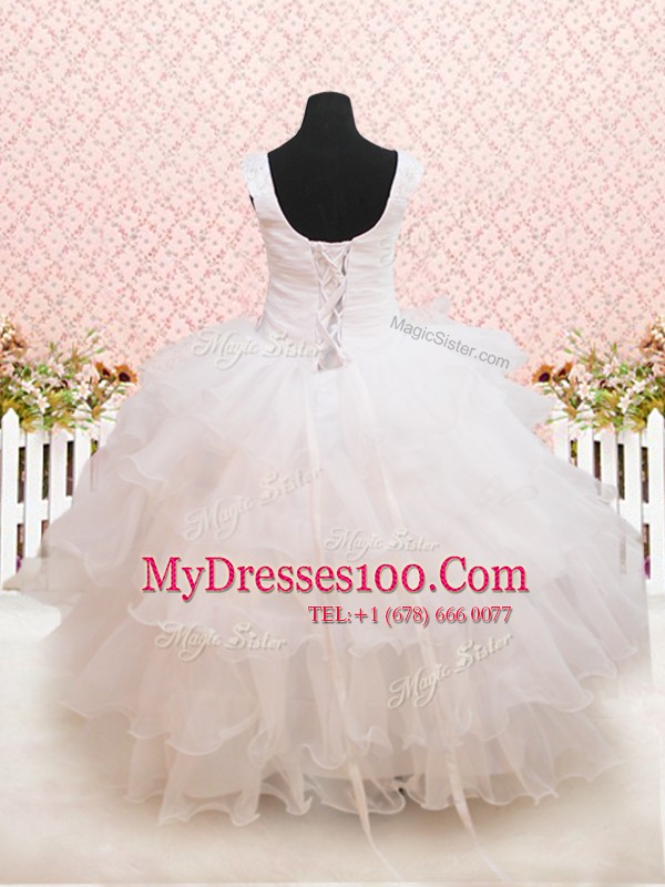 Scoop White Lace Up Little Girls Pageant Gowns Beading and Ruffled Layers and Sequins Sleeveless Floor Length