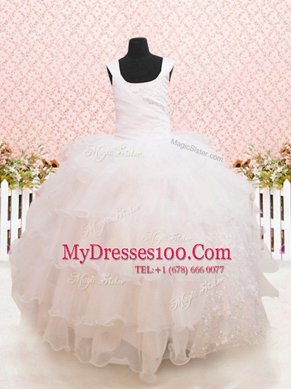 Scoop White Lace Up Little Girls Pageant Gowns Beading and Ruffled Layers and Sequins Sleeveless Floor Length