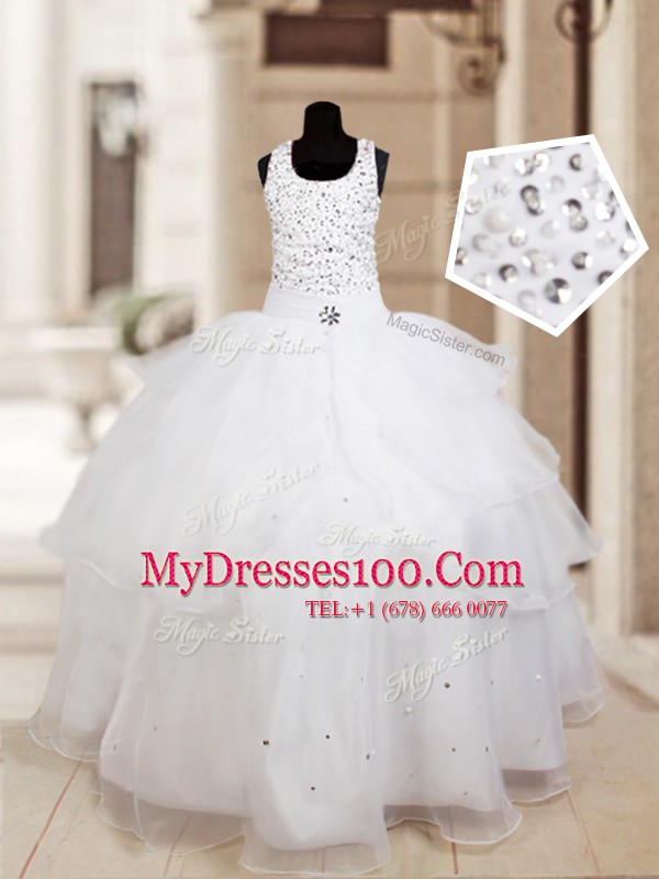 White Halter Top Neckline Beading and Ruffled Layers Little Girls Pageant Gowns Sleeveless Lace Up