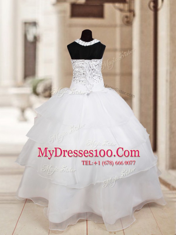 White Halter Top Neckline Beading and Ruffled Layers Little Girls Pageant Gowns Sleeveless Lace Up
