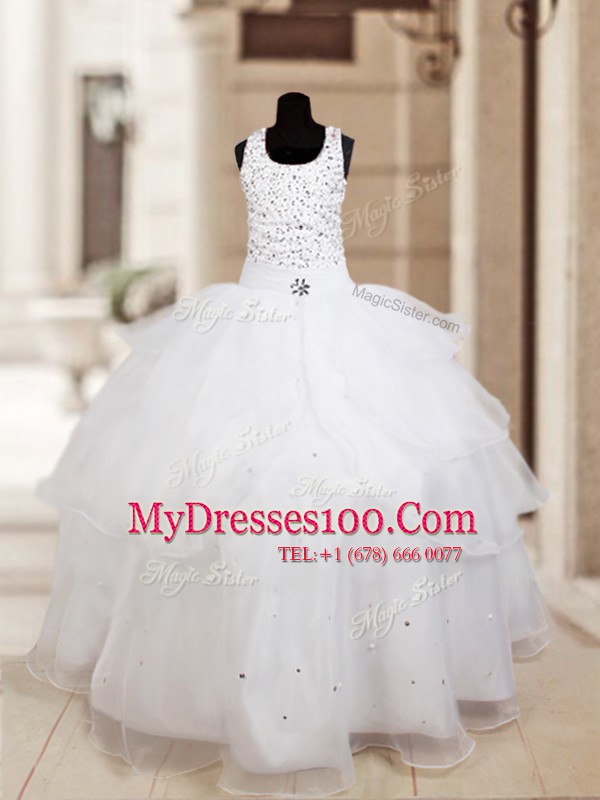 White Halter Top Neckline Beading and Ruffled Layers Little Girls Pageant Gowns Sleeveless Lace Up