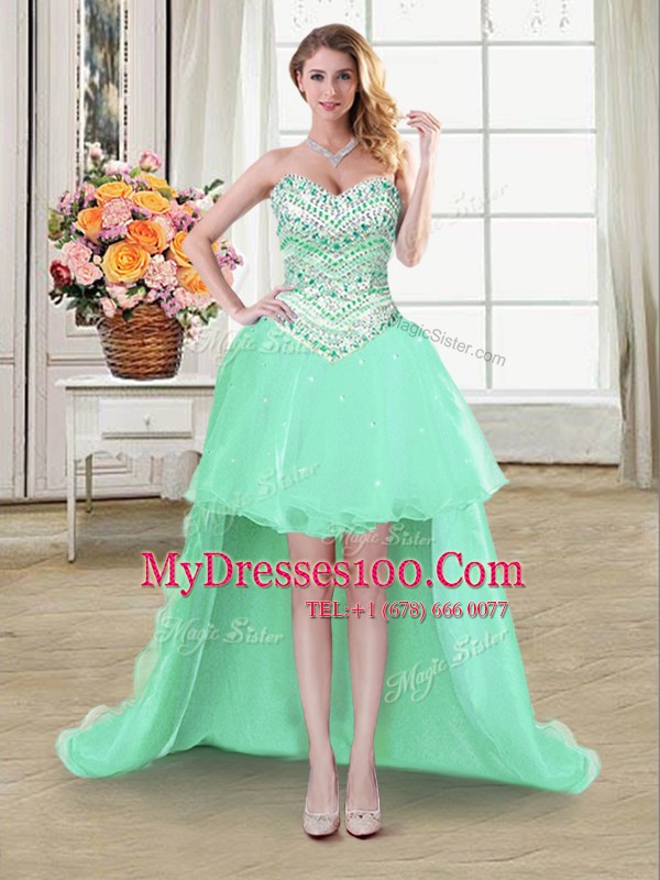Delicate Apple Green Organza Lace Up Prom Gown Sleeveless High Low Beading