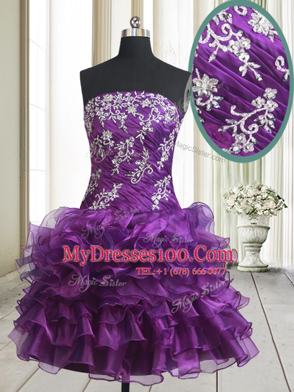 Purple A-line Beading and Ruffled Layers Club Wear Lace Up Organza Sleeveless Mini Length