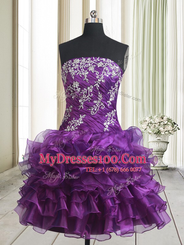 Purple A-line Beading and Ruffled Layers Club Wear Lace Up Organza Sleeveless Mini Length