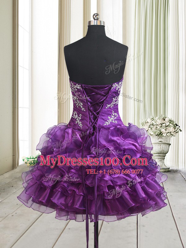 Purple A-line Beading and Ruffled Layers Club Wear Lace Up Organza Sleeveless Mini Length