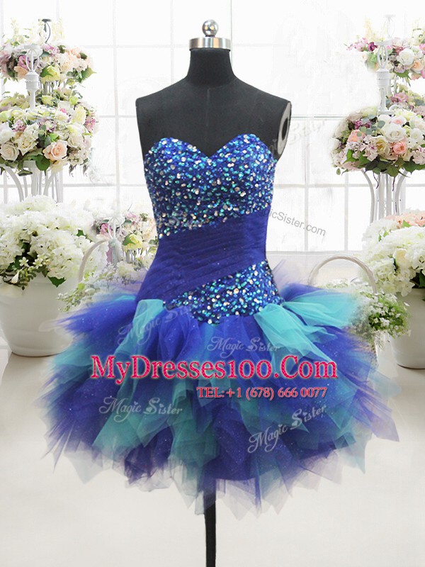 Multi-color A-line Tulle Sweetheart Sleeveless Beading Mini Length Lace Up Womens Evening Dresses