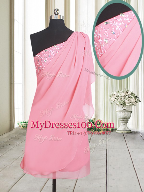 Elegant One Shoulder Rose Pink Sleeveless Beading Side Zipper Prom Dresses