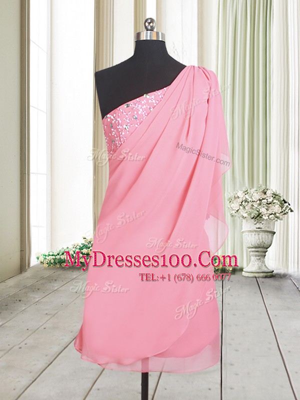 Elegant One Shoulder Rose Pink Sleeveless Beading Side Zipper Prom Dresses