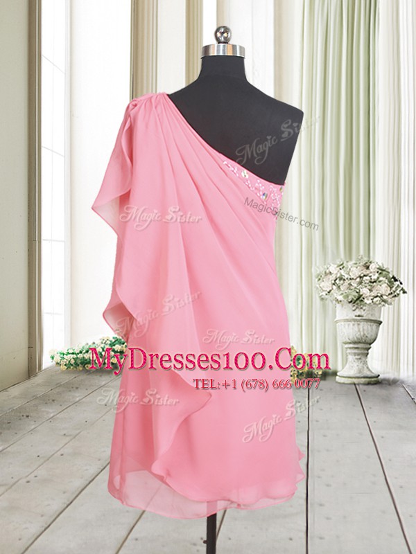 Elegant One Shoulder Rose Pink Sleeveless Beading Side Zipper Prom Dresses