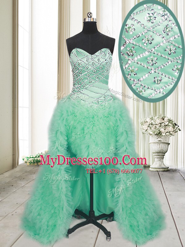 Beading and Ruffles Military Ball Gowns Apple Green Lace Up Sleeveless With Brush Train