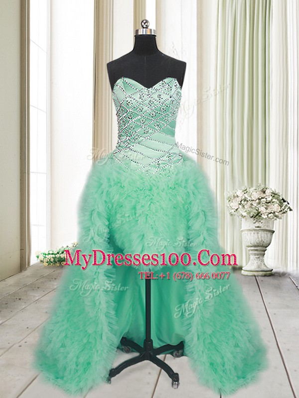 Beading and Ruffles Military Ball Gowns Apple Green Lace Up Sleeveless With Brush Train