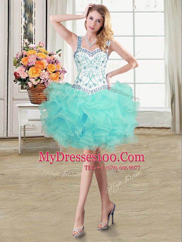 Aqua Blue Straps Lace Up Beading and Ruffles Cocktail Dresses Sleeveless