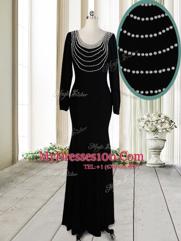 Superior Column/Sheath Prom Dress Black Scoop Elastic Woven Satin Long Sleeves Floor Length Backless