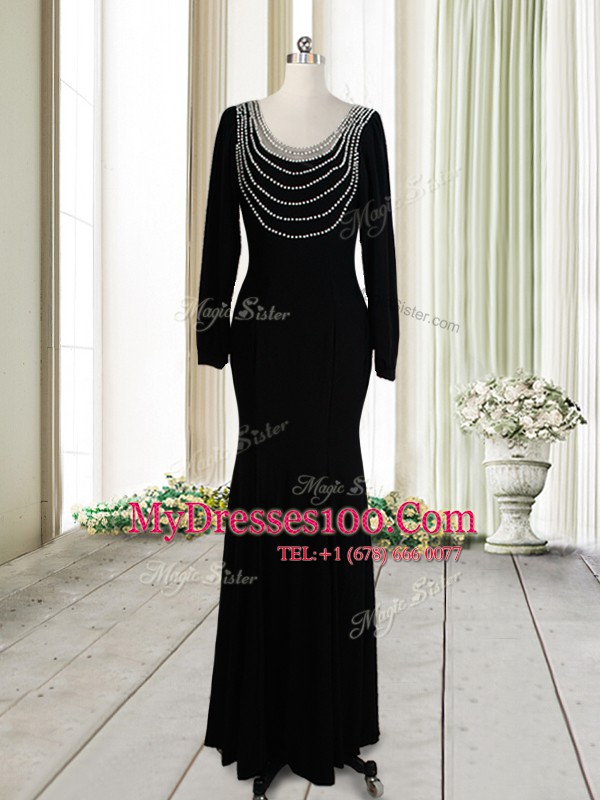 Superior Column/Sheath Prom Dress Black Scoop Elastic Woven Satin Long Sleeves Floor Length Backless