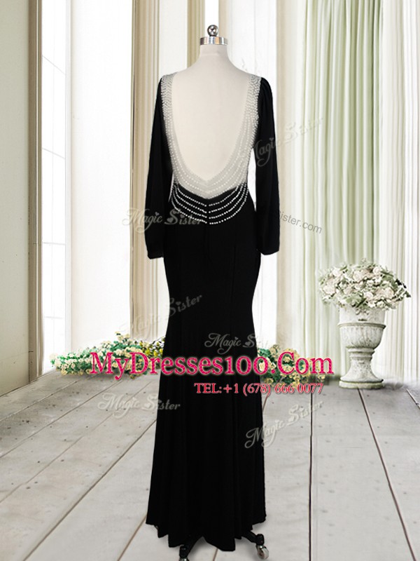 Superior Column/Sheath Prom Dress Black Scoop Elastic Woven Satin Long Sleeves Floor Length Backless