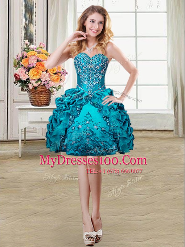 Admirable Teal Military Ball Gowns Prom and Party and For with Beading and Embroidery and Pick Ups Sweetheart Sleeveless Lace Up