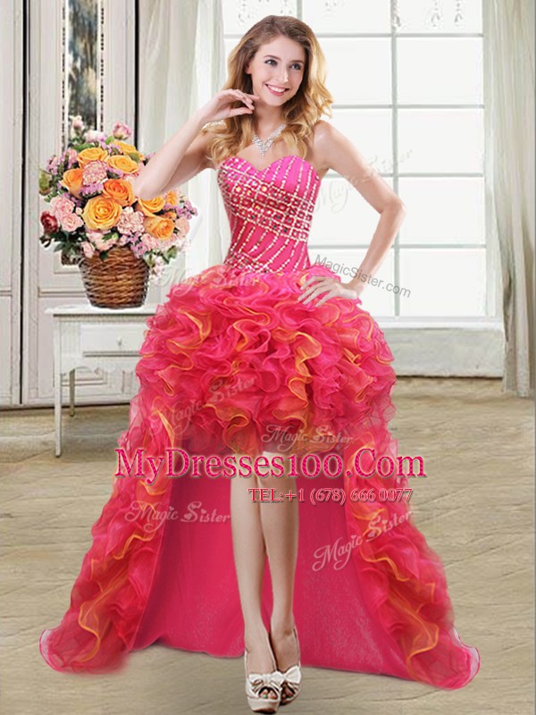 Multi-color Ball Gowns Organza Sweetheart Sleeveless Beading and Ruffles High Low Lace Up Dress for Prom