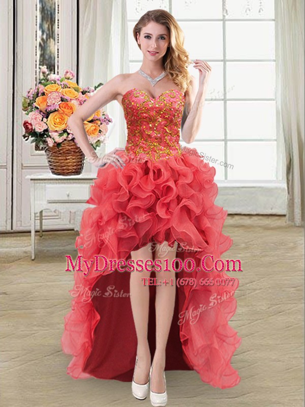 High Low Ball Gowns Sleeveless Coral Red Lace Up