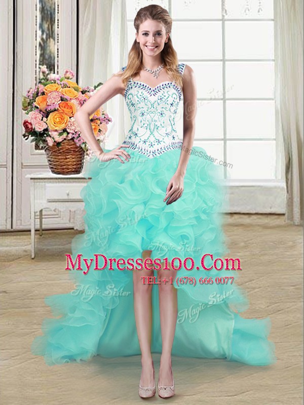 Perfect Aqua Blue Organza Lace Up Straps Sleeveless High Low Military Ball Dresses Beading and Ruffles
