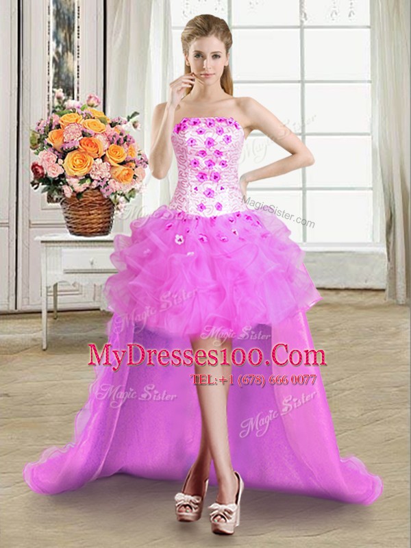 Glamorous Lilac Ball Gowns Beading and Appliques and Ruffles Military Ball Gown Lace Up Tulle Sleeveless High Low