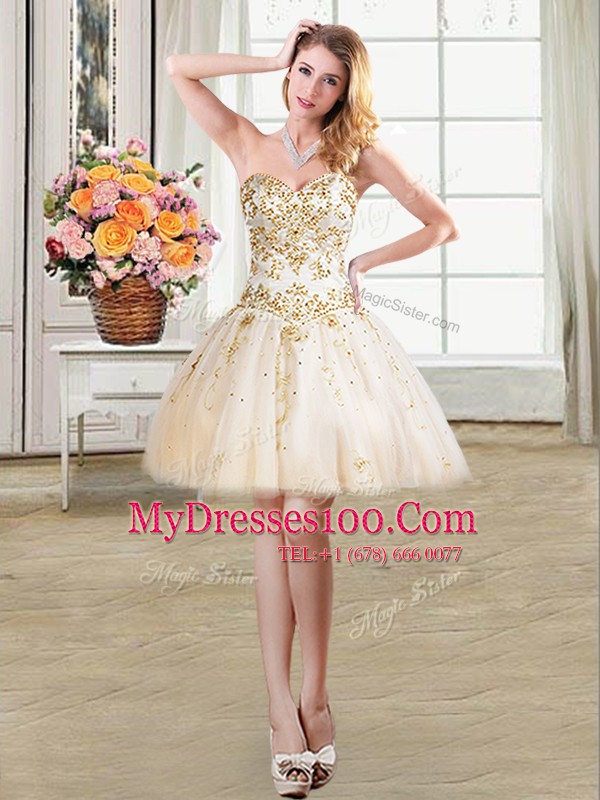 Champagne Ball Gowns Tulle Sweetheart Sleeveless Beading Mini Length Lace Up Cocktail Dresses