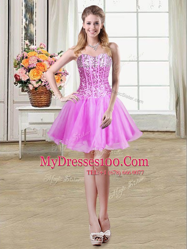 Spectacular Sequins Sweetheart Sleeveless Lace Up Prom Gown Lilac Organza