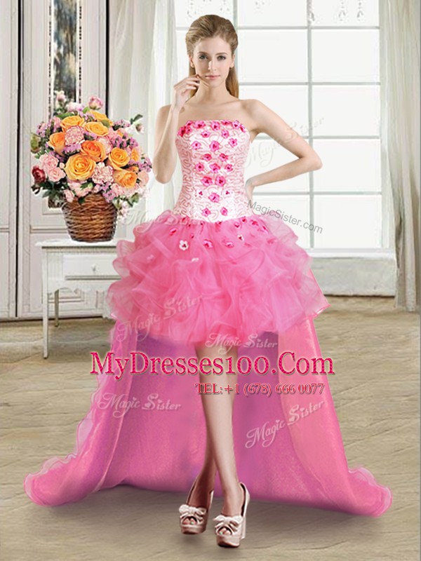 Rose Pink Organza Lace Up Strapless Sleeveless High Low Cocktail Dresses Beading and Appliques and Ruffles