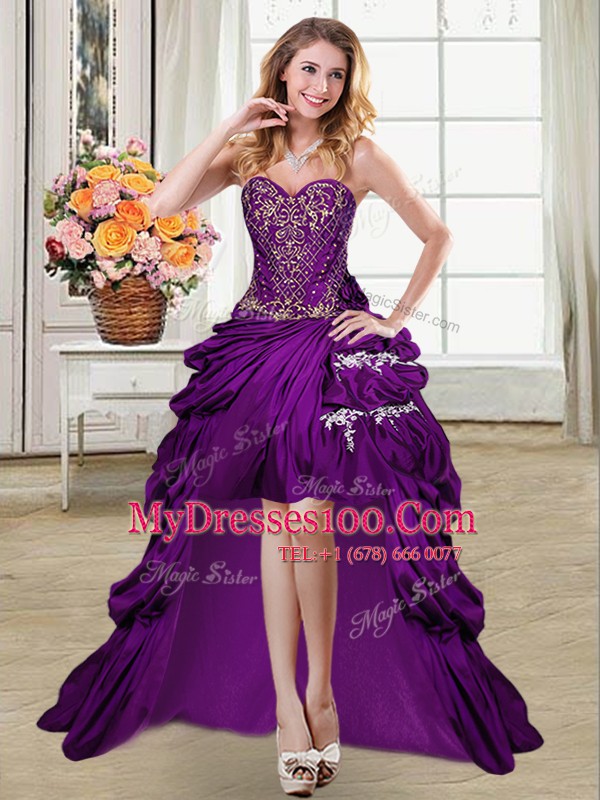 Hot Selling Sleeveless Taffeta High Low Lace Up Cocktail Dress in Purple with Beading and Appliques and Pick Ups