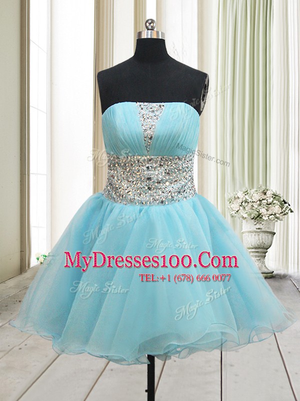 Latest Aqua Blue A-line Organza Strapless Sleeveless Beading Mini Length Zipper Cocktail Dress