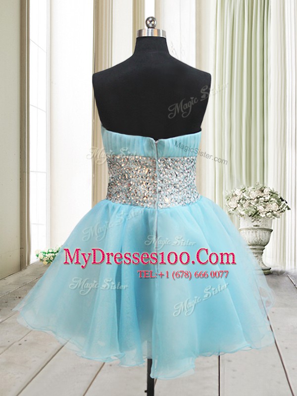Latest Aqua Blue A-line Organza Strapless Sleeveless Beading Mini Length Zipper Cocktail Dress