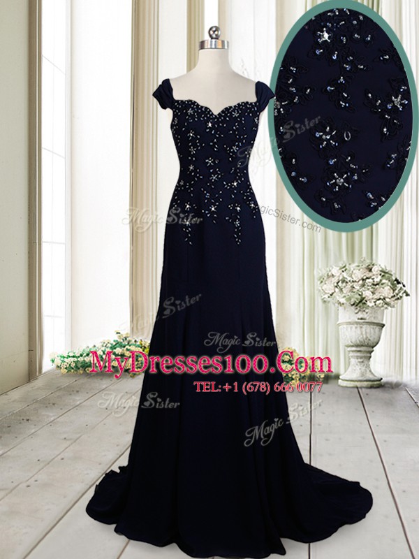 Stunning Straps Cap Sleeves Beading Zipper with Navy Blue Brush Train