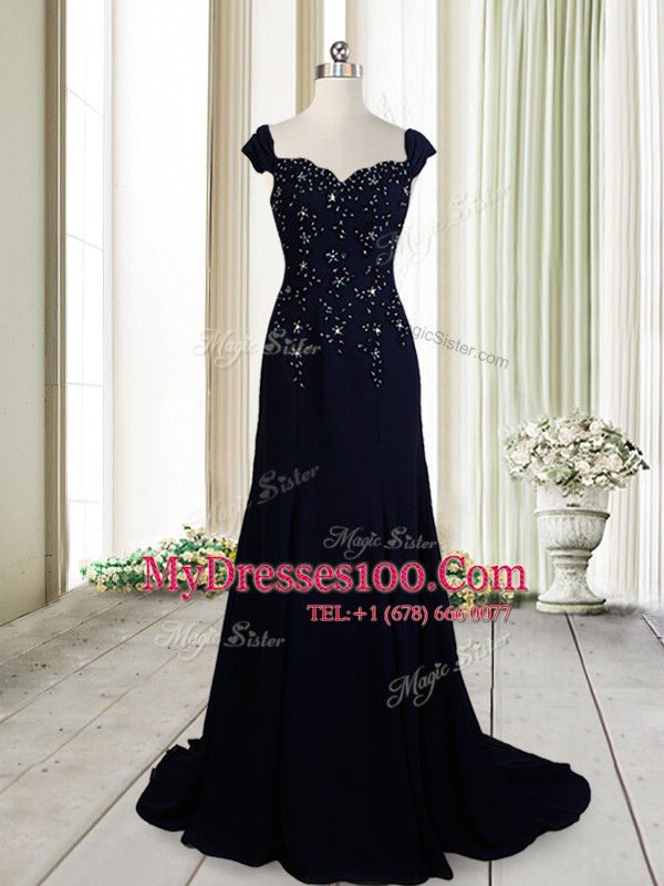 Stunning Straps Cap Sleeves Beading Zipper with Navy Blue Brush Train
