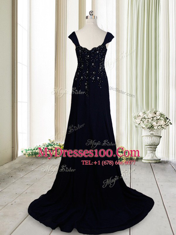 Stunning Straps Cap Sleeves Beading Zipper with Navy Blue Brush Train