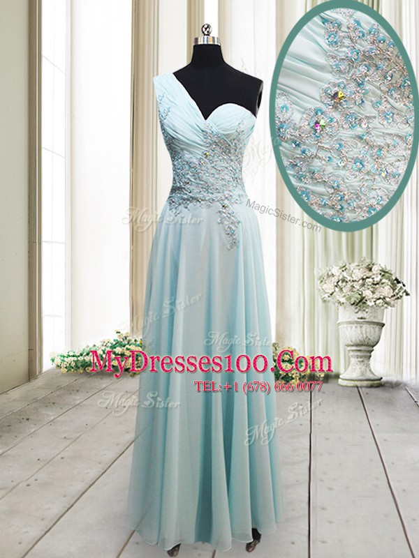One Shoulder Beading and Appliques Going Out Dresses Light Blue Side Zipper Sleeveless Ankle Length