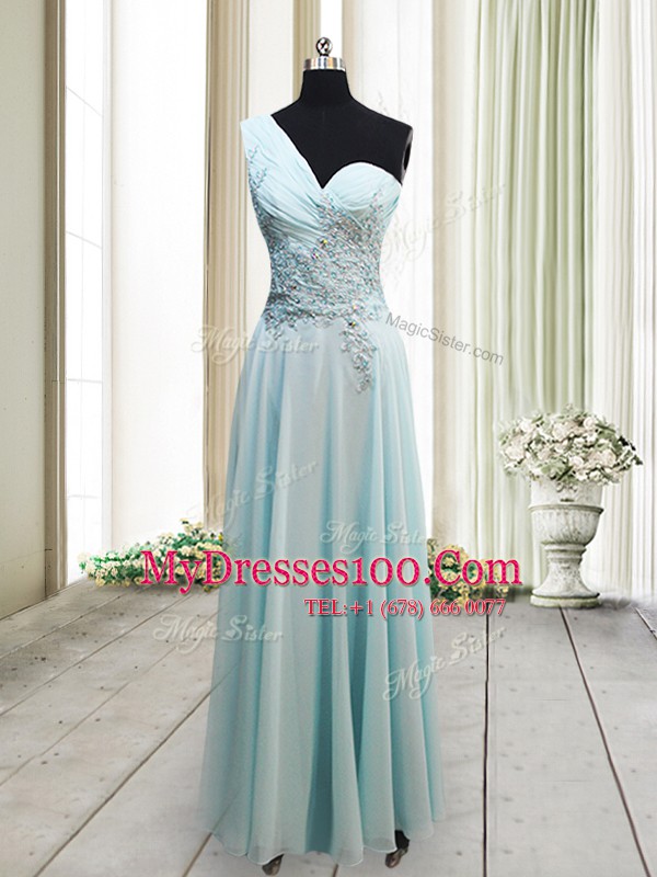 One Shoulder Beading and Appliques Going Out Dresses Light Blue Side Zipper Sleeveless Ankle Length